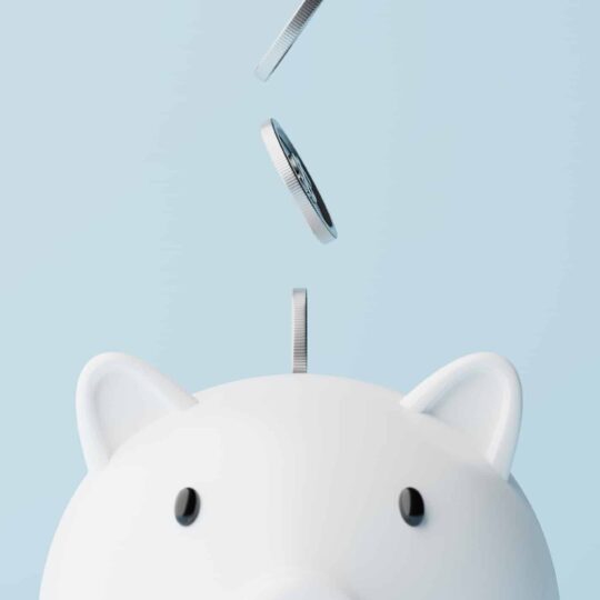 Silver coins fall into a piggy bank.